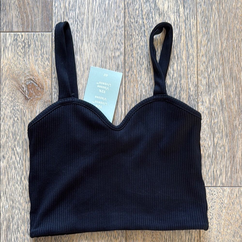 Black Ribbed Knit Sweetheart Neckline Cropped Tank Top XS